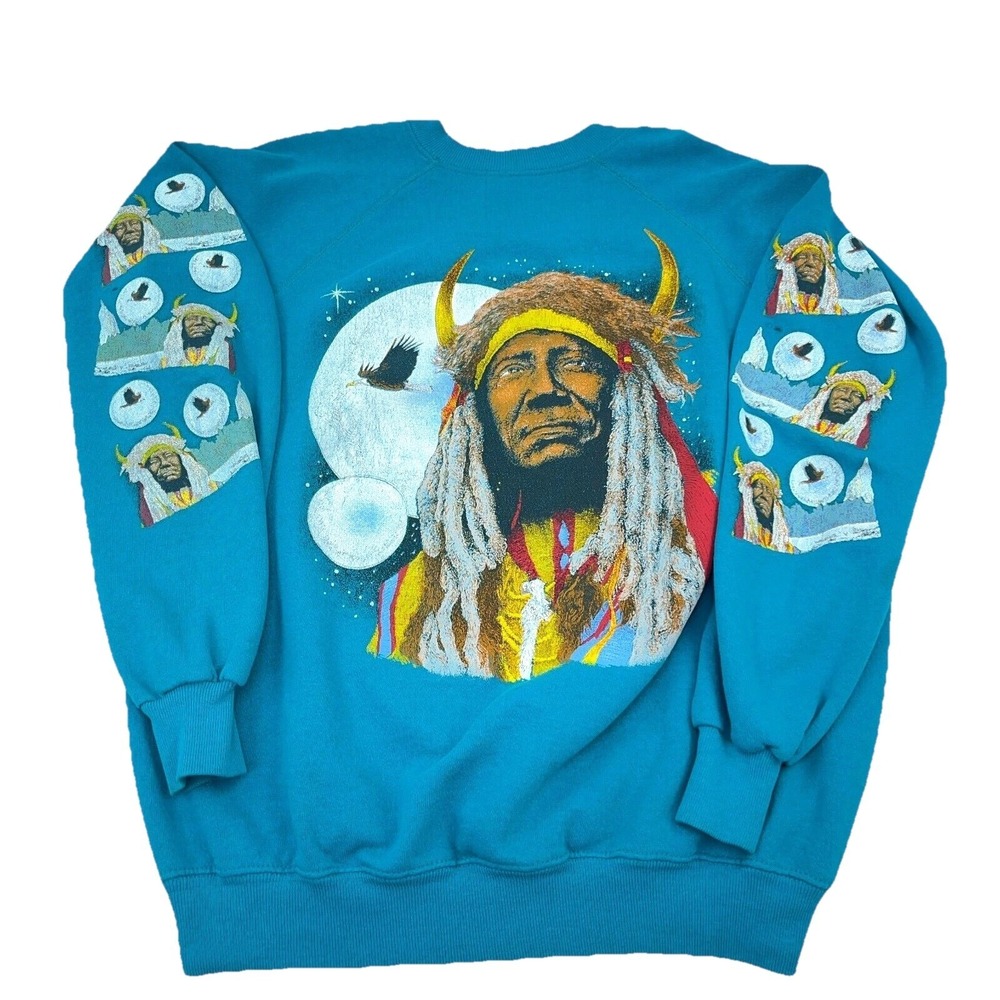 Vintage Indian Sweatshirt Women XL Crew Neck Sweater Native American AOP 90s *
